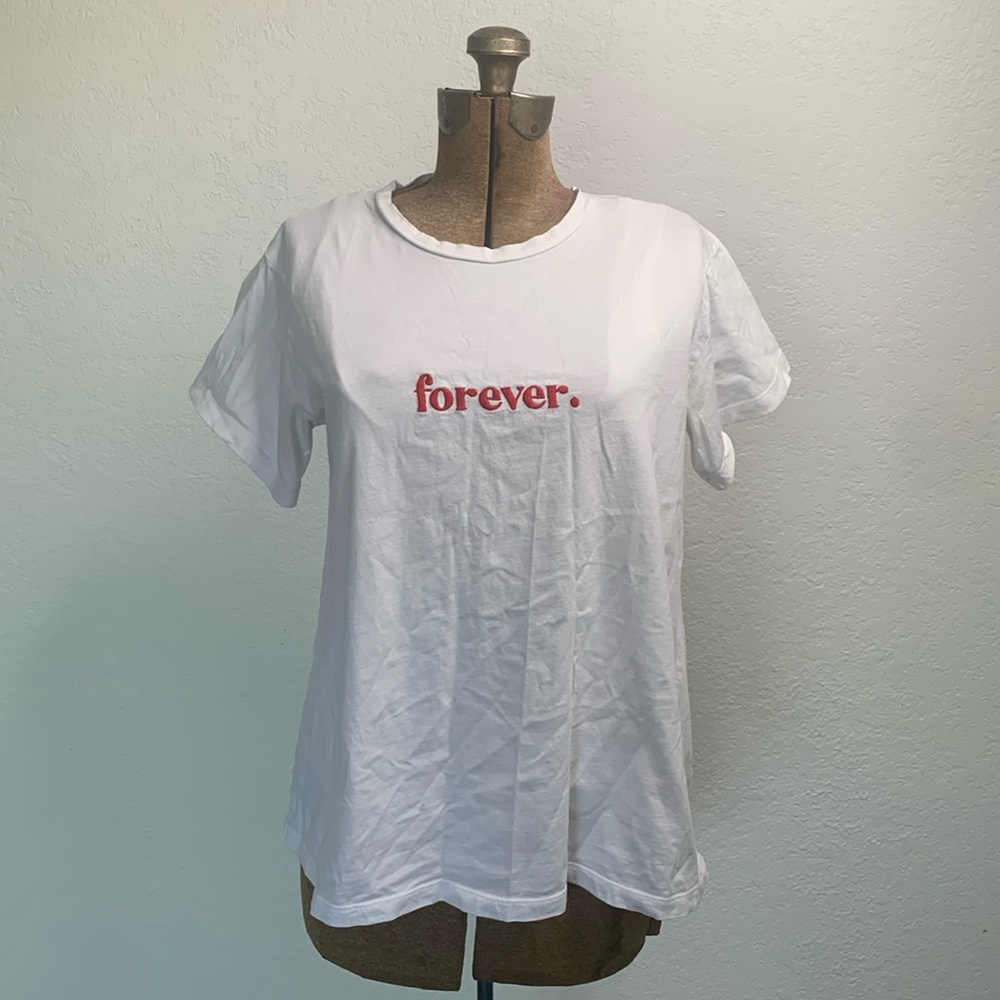 White maternity “forever.” tee shirt